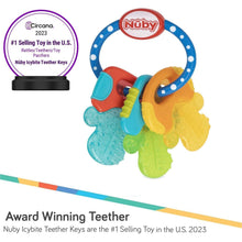 Baby teether keys with blue ring and teal, orange and yellow textured gel pieces