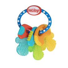 Baby teether keys with blue dotted ring and red, teal, orange and yellow textured pieces