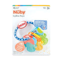 Baby teether keys package with colorful gel-like teether pieces inside