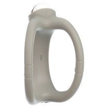 Gray silicone loop teether with finger grooves and curved handle