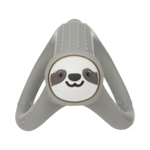 Gray silicone teether with sloth face panel and textured top grip