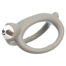 Gray silicone sloth teether with loop handle and raised ridged grip