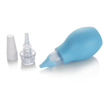 Blue nasal aspirator and white bottle-style syringe pieces