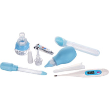 Nuby baby medical kit with blue oral syringe, dropper, nasal aspirator, thermometer, clipper