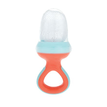Nuby Nibbler soft foods feeder with white mesh top, orange and light-blue silicone handle