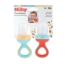 Nuby Nibbler First Soft Foods Feeder 2-pack in box, mesh tops on silicone handles