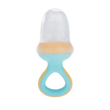 Nuby Nibbler soft foods feeder with white mesh top, light-blue silicone handle and yellow edge