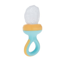 Nuby Nibbler soft foods feeder with white mesh top, teal silicone handle and yellow ring