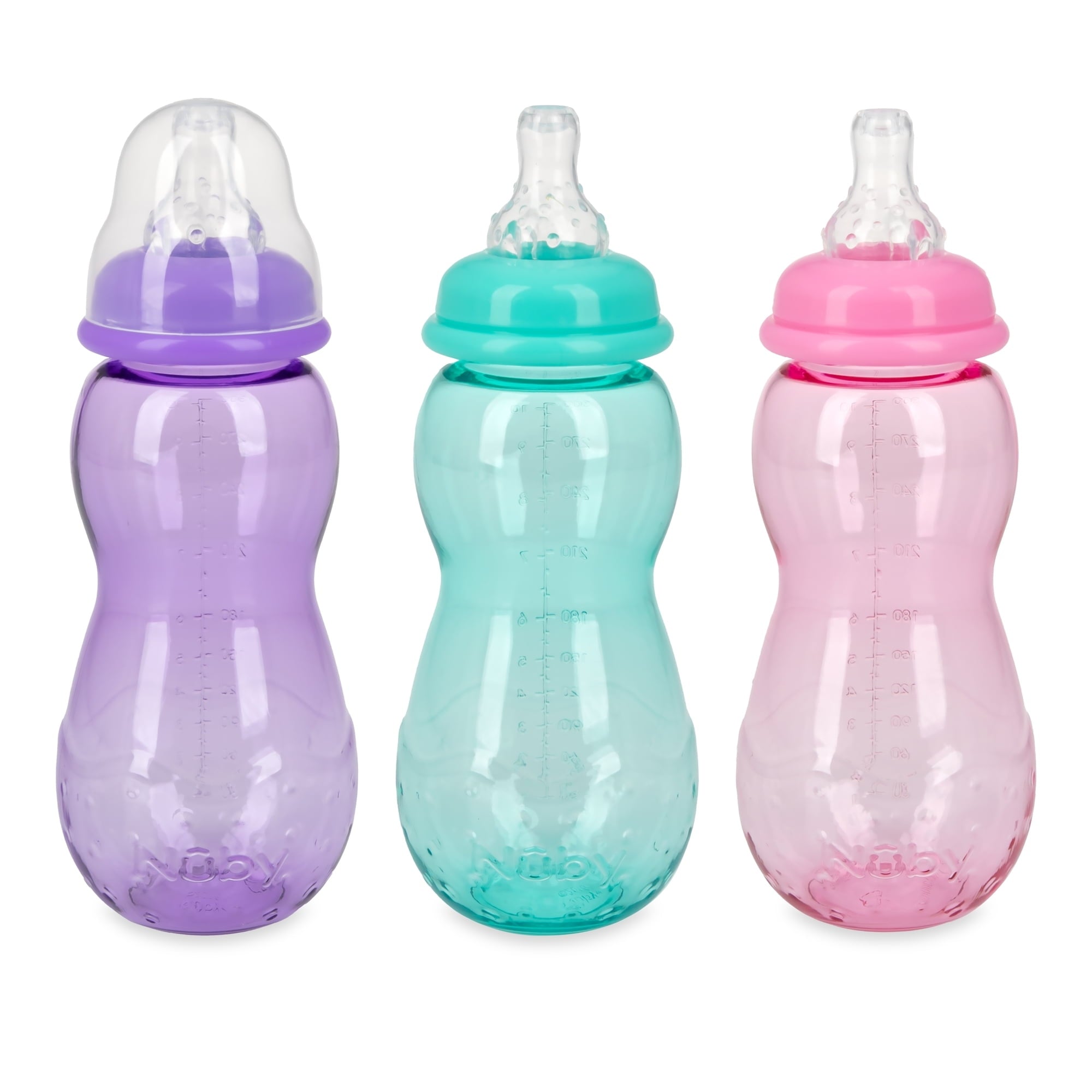 Nuby Non-Drip Standard Neck Baby Bottle, 10 fl oz, 3 Count, Multicolor Bottles
