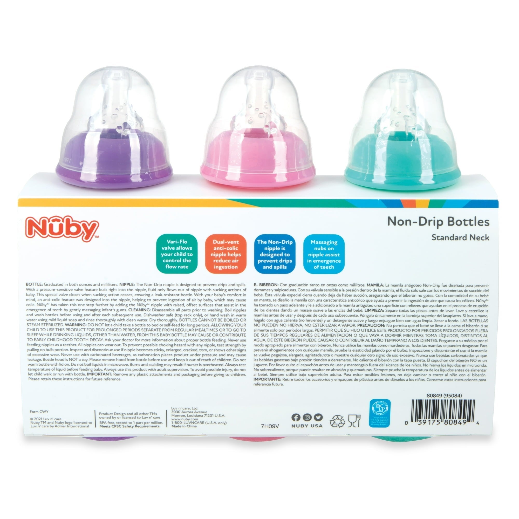 Nuby Non-Drip Standard Neck Baby Bottle, 10 fl oz, 3 Count, Multicolor Bottles
