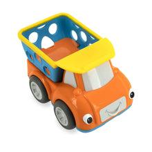 Orange and blue rattle truck toy with yellow scoop bed, 3/4 view