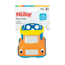 Orange rattle truck toy in retail package, front with big eyes and blue top