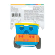 Back of blue and orange vehicle rattle toy on blister card packaging