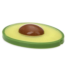Avocado silicone teether end view, textured light-green ring with dark brown center