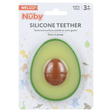 Nuby silicone teether package showing avocado-shaped teether in a blister