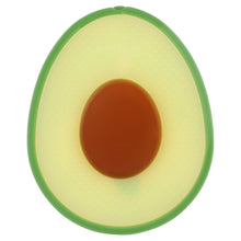 Avocado-shaped silicone baby teether with textured light green shell and dark brown center