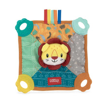 Baby teething blankie with lion face and teal/yellow ring teether