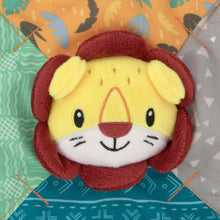 Lion plush face on multicolor teething blanket, maroon ears and yellow muzzle