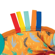 Teething blanket edge with multicolor loop fabric and orange animal print