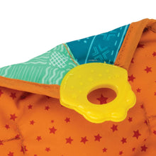 Orange star teething blanket corner with yellow ring teether