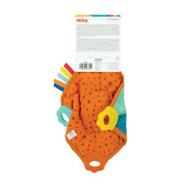 Baby teething blanket with orange fabric and yellow ring teether, star pattern