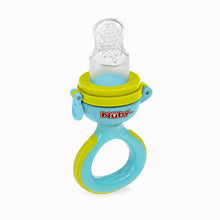 Infant soft foods feeder with cover, blue and lime, textured silicone tip
