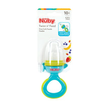 Nuby twist n' feed soft foods feeder blister pack with blue and lime feeder