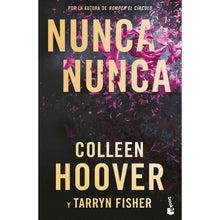Paperback book cover: Never Never, Colleen Hoover and Tarryn Fisher, floral pink text