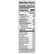 Nutrition facts label for 1 can (11 fl oz): 150 calories, 30g protein