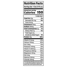 Nutrition Facts panel: 1 can (11 fl oz), 150 calories, 30g protein