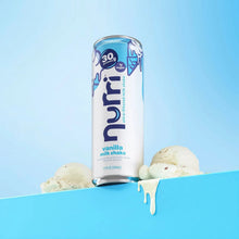 Vanilla milk shake can with 30g protein and vanilla scoop garnish