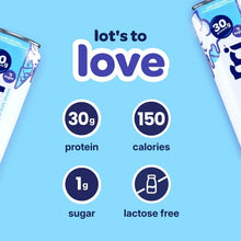 Vanilla protein milk shake can info: 30g protein, 150 calories, 1g sugar, lactose free