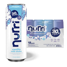 Vanilla protein milk shake can, 30g protein, 1g sugar; 12-pack box behind