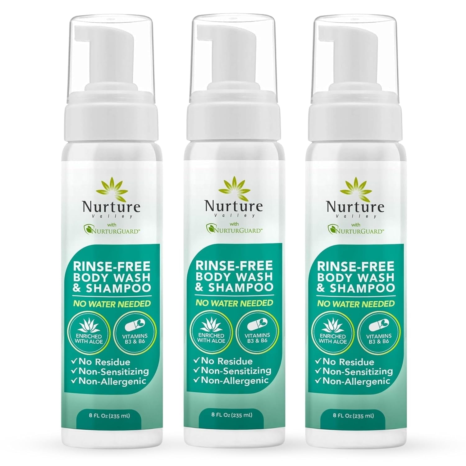 Nurture Rinse Free Body Wash & Shampoo, Hospital Grade Waterless Cleansing Foam for Hair & Body, Ideal for Sensitive Skin, Women, Elderly, 3 Pack