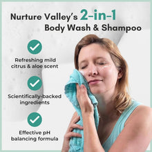 2-in-1 body wash and shampoo label panel with ingredient and pH balancing icons