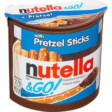 Hazelnut cocoa spread jar with pretzel sticks, blue top band and brown base
