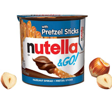 Hazelnut cocoa spread jar with pretzel sticks, blue label and white front