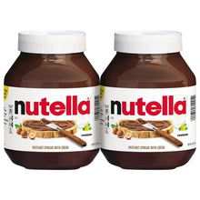 Two Nutella hazelnut spread bottles with white caps and front label