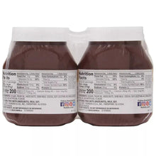 Two Nutella hazelnut spread jars with nutrition panels, white caps and brown contents