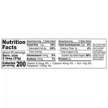 Nutrition Facts panel for hazelnut spread: 2 tbsp (37g), 200 calories
