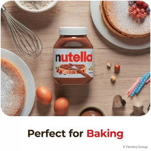 Nutella hazelnut spread jar with baking ingredients and utensils, white lid