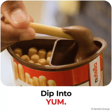 Hand dipping breadstick into hazelnut spread in Nutella & Go! snack cup