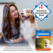 Woman holding dog with Cosequin joint health supplement card and #1 veterinarian badge