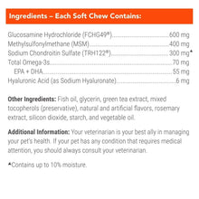 Soft chew ingredients panel listing glucosamine, MSM, chondroitin, omega-3, hyaluronic acid