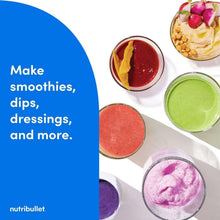 Personal blender cups filled with assorted smoothies and dips