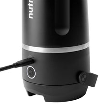 Insulated blender base with power button and control knob, black body with silver ring
