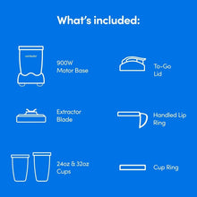 Blender kit diagram with motor base, extractor blade, to-go lid, and cup rings