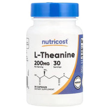 L-Theanine capsules bottle front label, blue cap, 200 mg, 30 servings