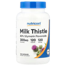 Milk thistle supplement bottle, 300mg, 120 capsules, 80% silymarin flavonoids.