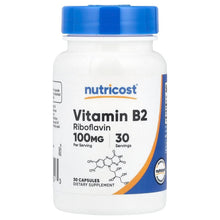 Vitamin B2 supplement bottle, blue cap; front label: 100mg, 30 capsules